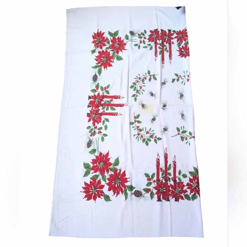Vintage Tablecloth Christmas White with Poinsettias Pinecones 64